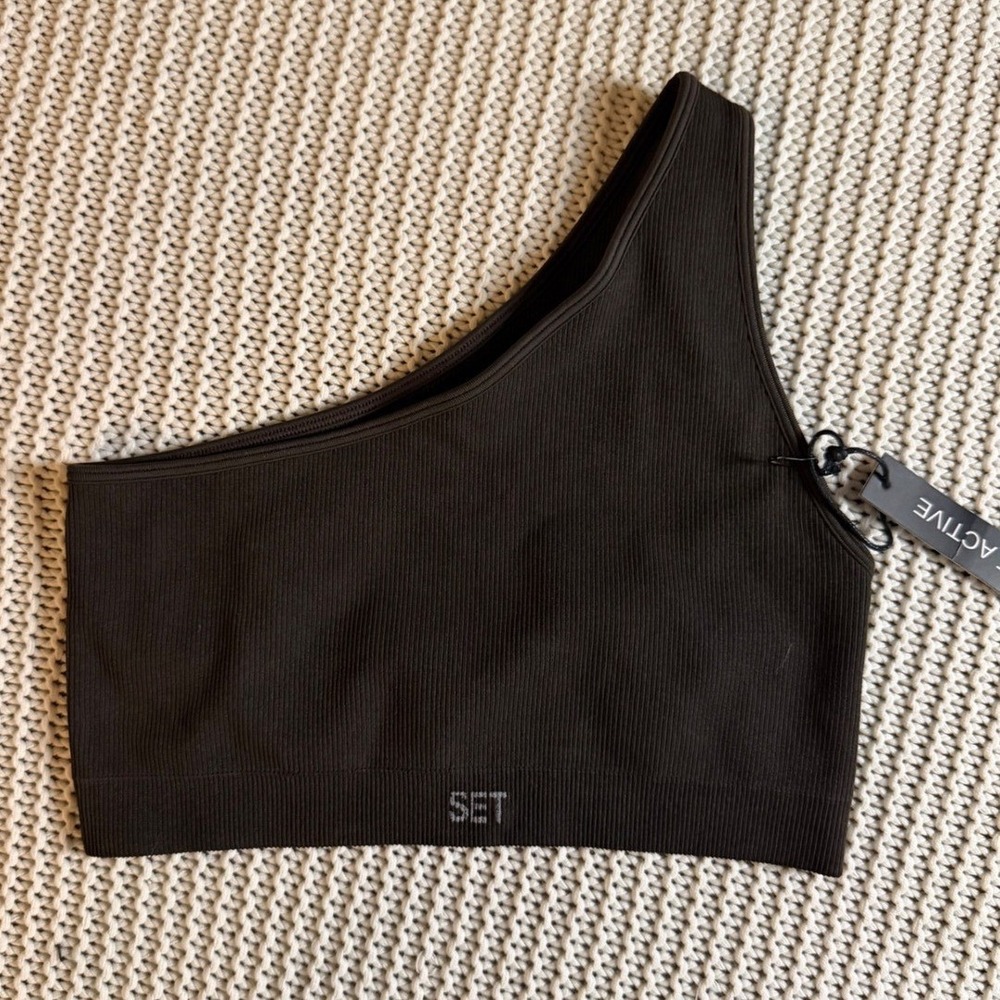 Set Active Ribbed One Shoulder Sports Bra Espresso Brown Medium NWT